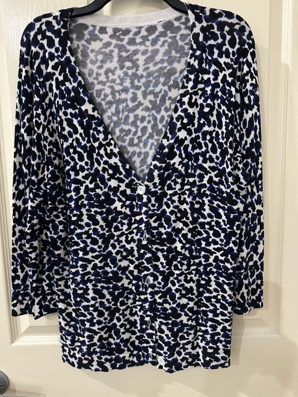 Women’s Blue Black and White Animal Print Cardigan Sweater